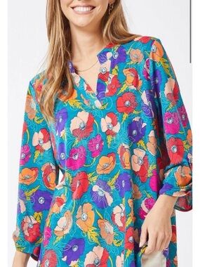 Dear Scarlet Teal Floral Split-Neck Liz Tunic Top size S